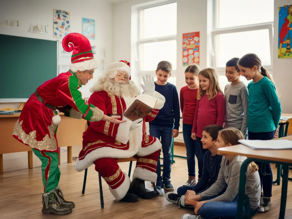 Santa elfo leyendo niños aula evento escolar educativo Chrismas